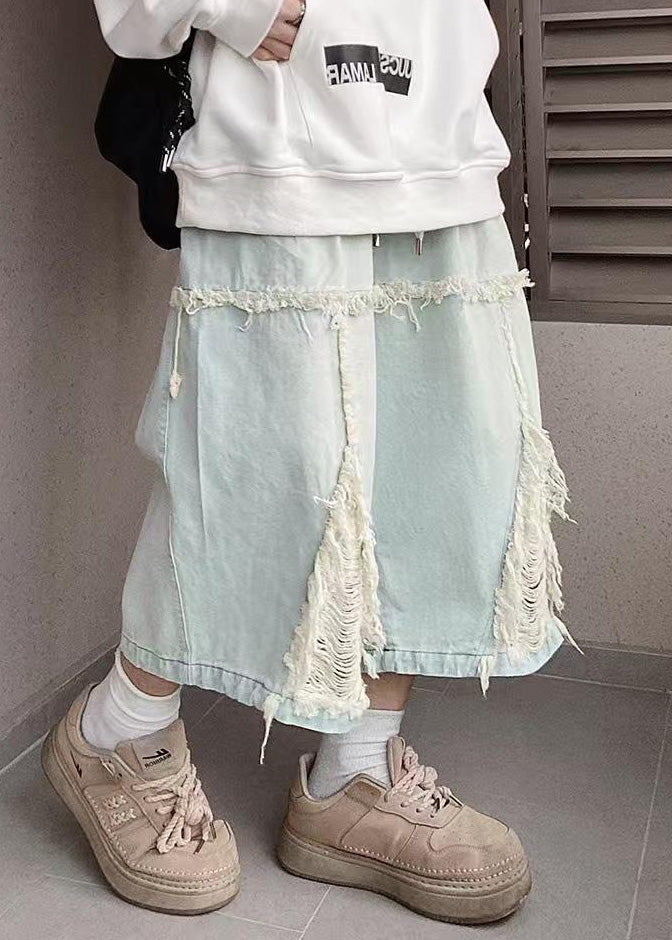 Summer Hole Blue Chic Men Shorts Elastic Waist Denim