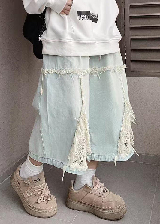 Blue Chic Shorts Hole Elastic Men Summer Denim Waist