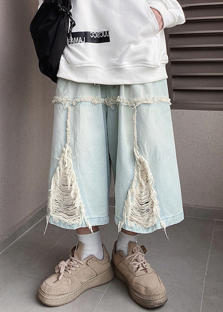 Summer Hole Blue Chic Men Shorts Elastic Waist Denim