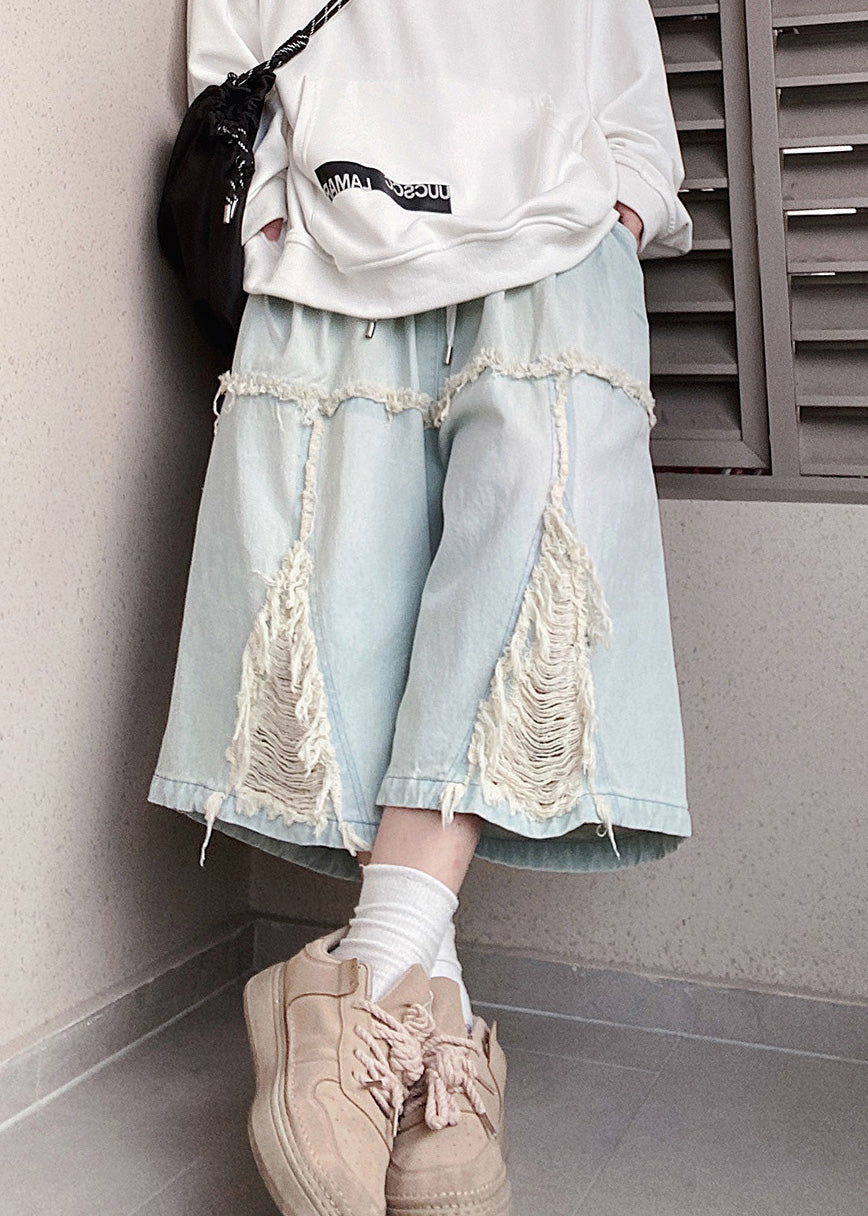 Blue Chic Shorts Hole Elastic Men Summer Denim Waist