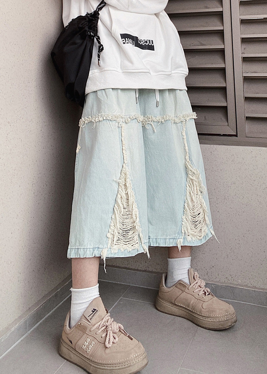 Blue Chic Shorts Hole Elastic Men Summer Denim Waist