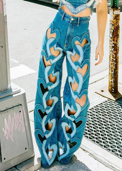 Blue High Denim Pants Spring Chic Hollow Out Waist