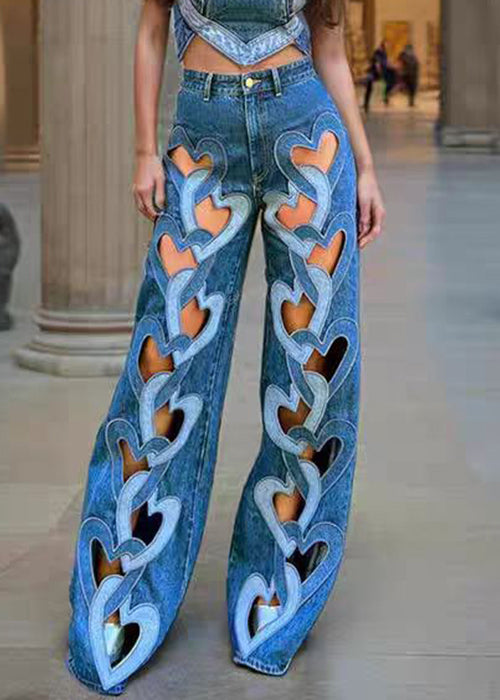 Blue High Denim Pants Spring Chic Hollow Out Waist