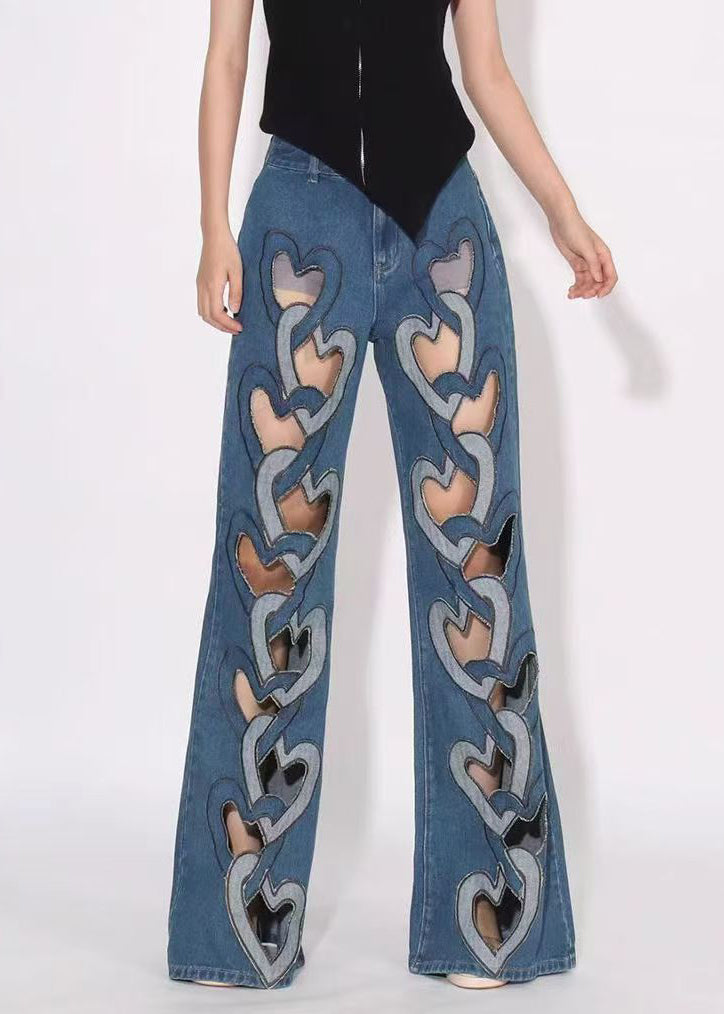 Blue High Denim Pants Spring Chic Hollow Out Waist