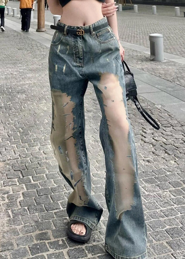 Chic Blue Hollow Out Patchwork Tulle Denim Straight Pants Spring YK032