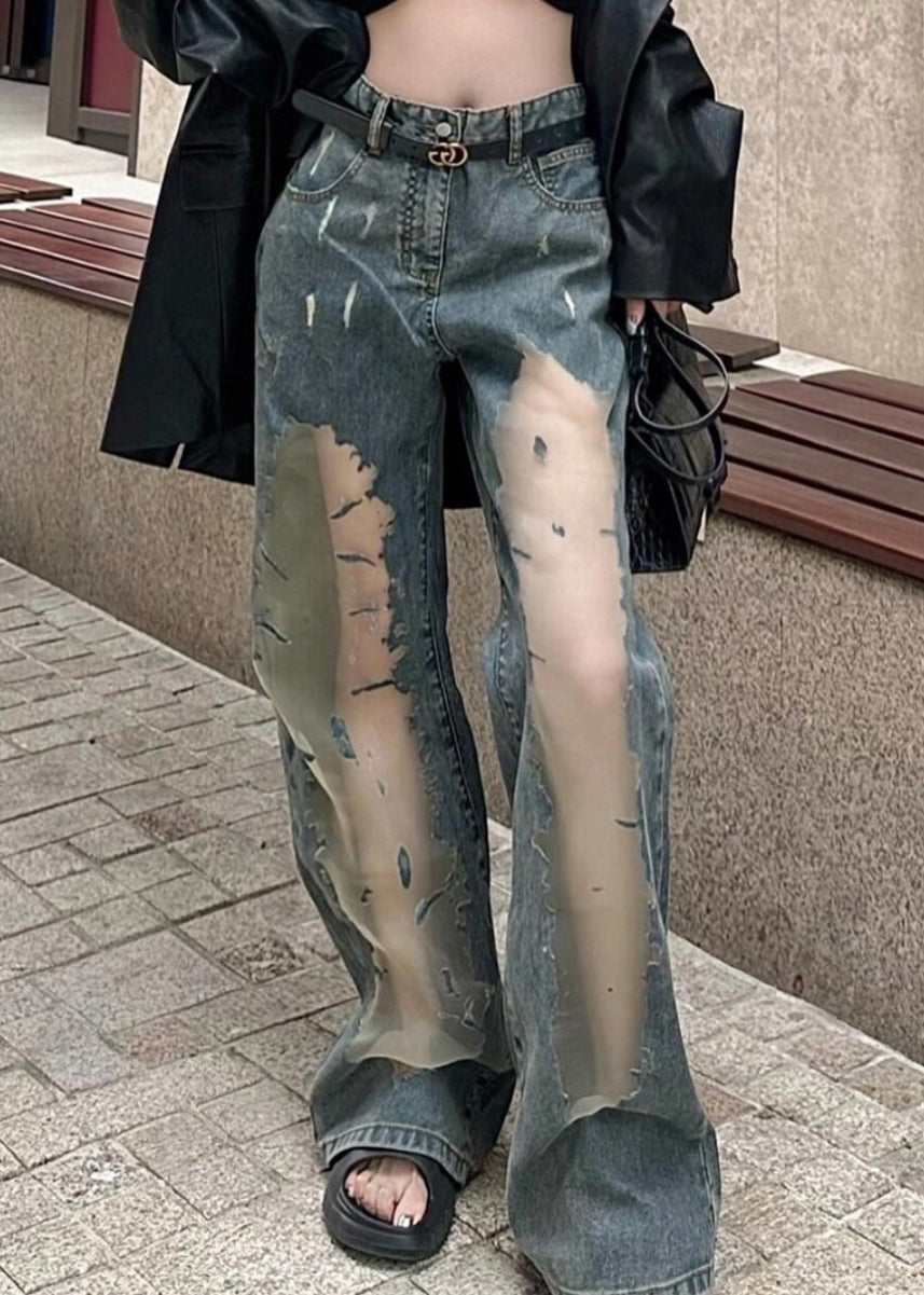 Chic Blue Hollow Out Patchwork Tulle Denim Straight Pants Spring YK032