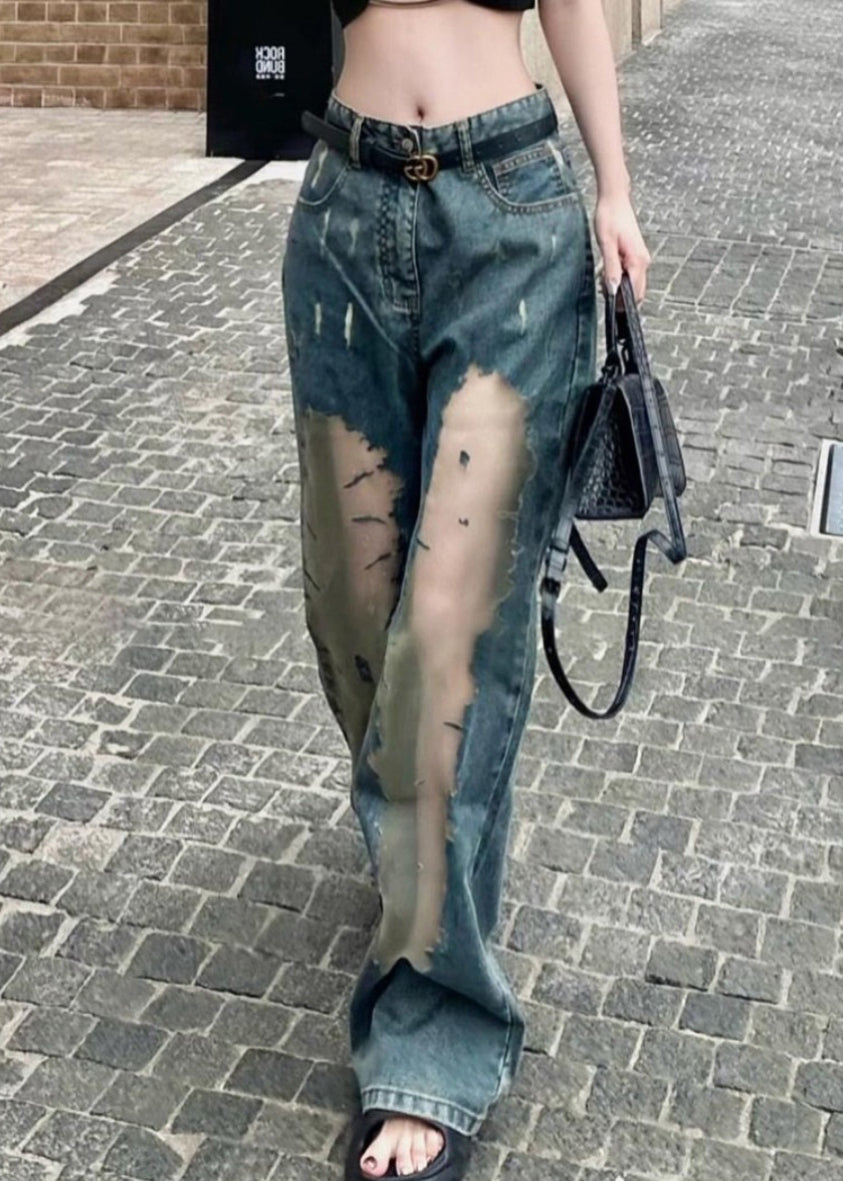 Chic Blue Hollow Out Patchwork Tulle Denim Straight Pants Spring YK032