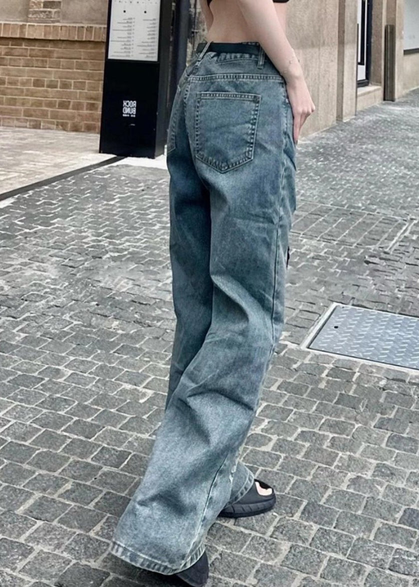 Chic Blue Hollow Out Patchwork Tulle Denim Straight Pants Spring YK032