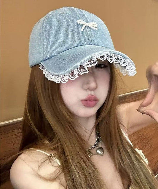 Lace Hat Bead Patchwork Bow Chic Blue Denim Cap Baseball