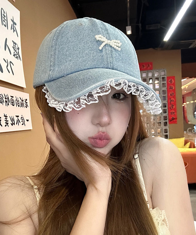 Lace Hat Bead Patchwork Bow Chic Blue Denim Cap Baseball