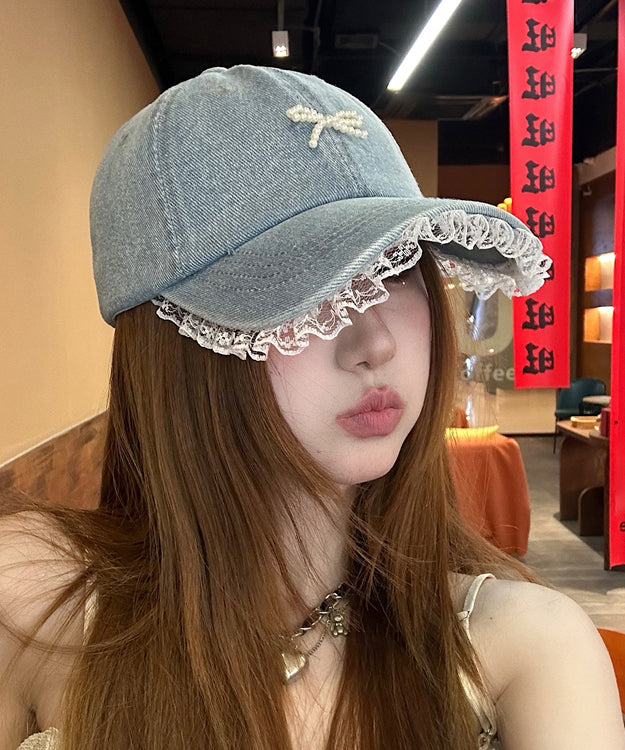 Lace Hat Bead Patchwork Bow Chic Blue Denim Cap Baseball