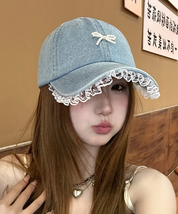 Lace Hat Bead Patchwork Bow Chic Blue Denim Cap Baseball