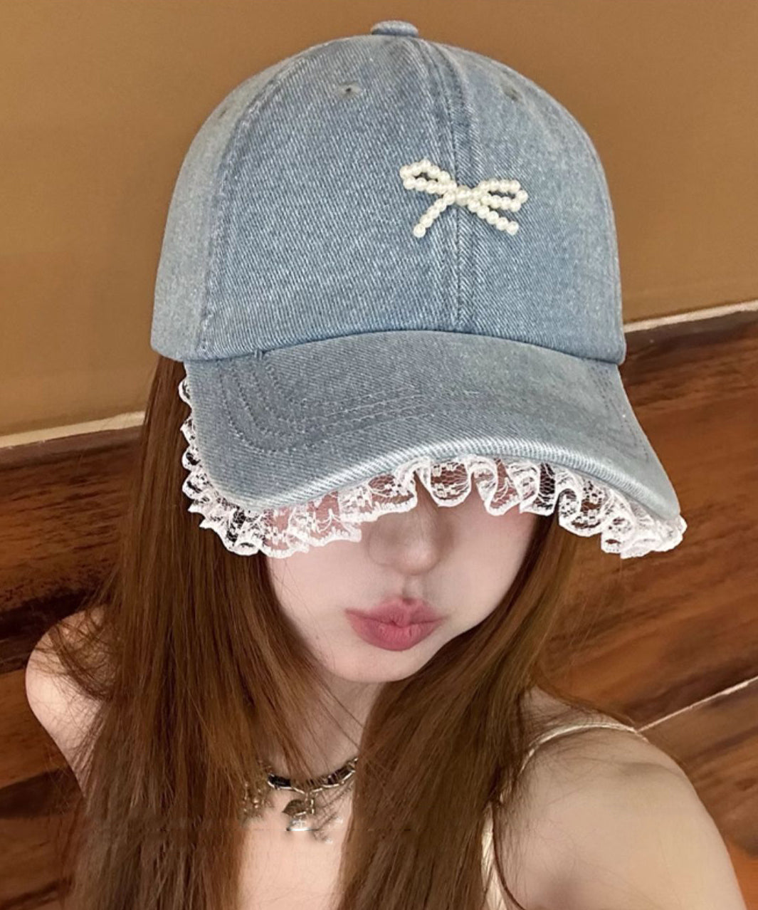 Lace Hat Bead Patchwork Bow Chic Blue Denim Cap Baseball