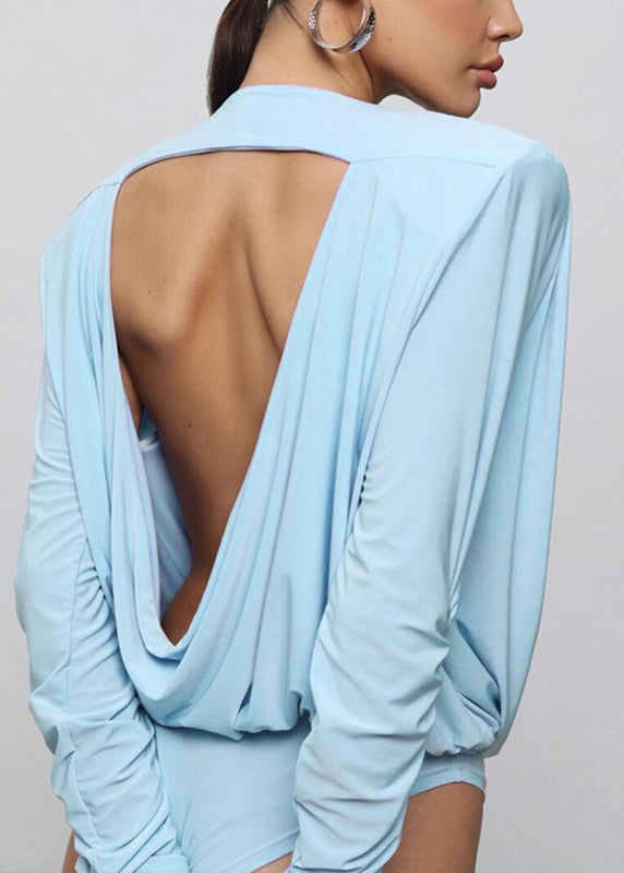 Bodysuit Blue Backless Fall O-Neck Chic