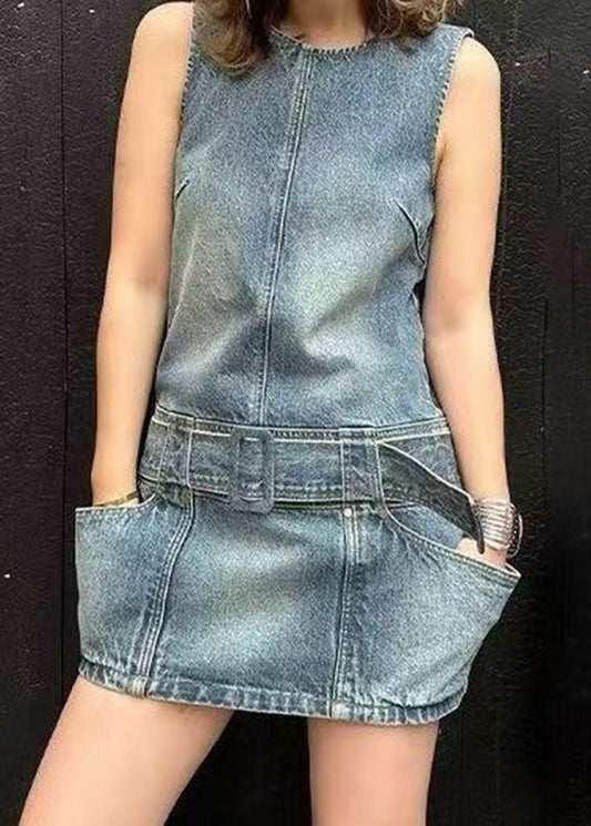 Sashes Blue Sleeveless Dress Denim O-Neck Chic Patchwork Mid