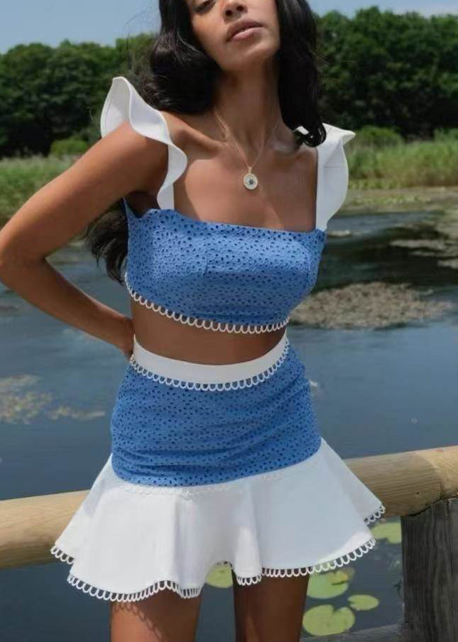 Two Set Sleeve Chic Patchwork Piece Butterfly Blue Outfits Cotton