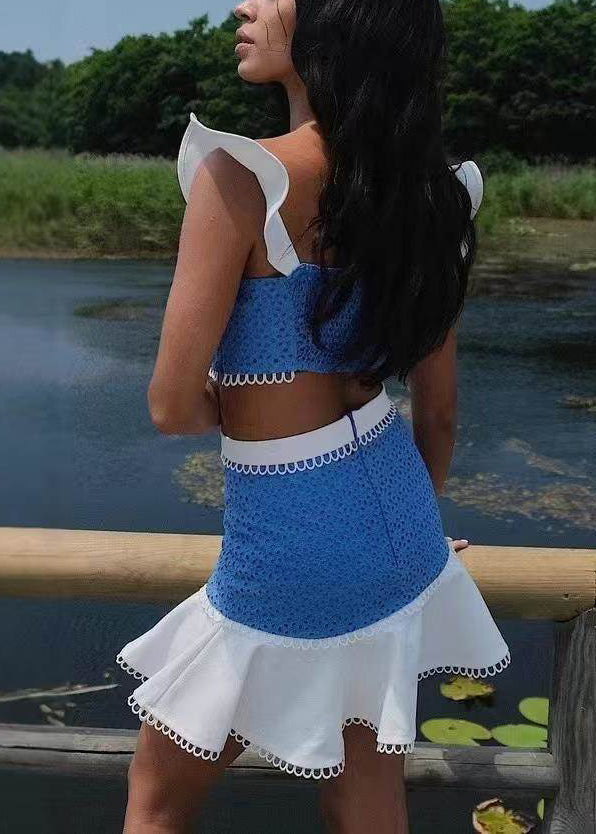 Two Set Sleeve Chic Patchwork Piece Butterfly Blue Outfits Cotton