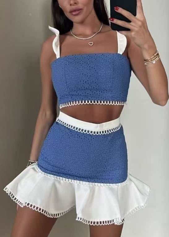 Two Set Sleeve Chic Patchwork Piece Butterfly Blue Outfits Cotton