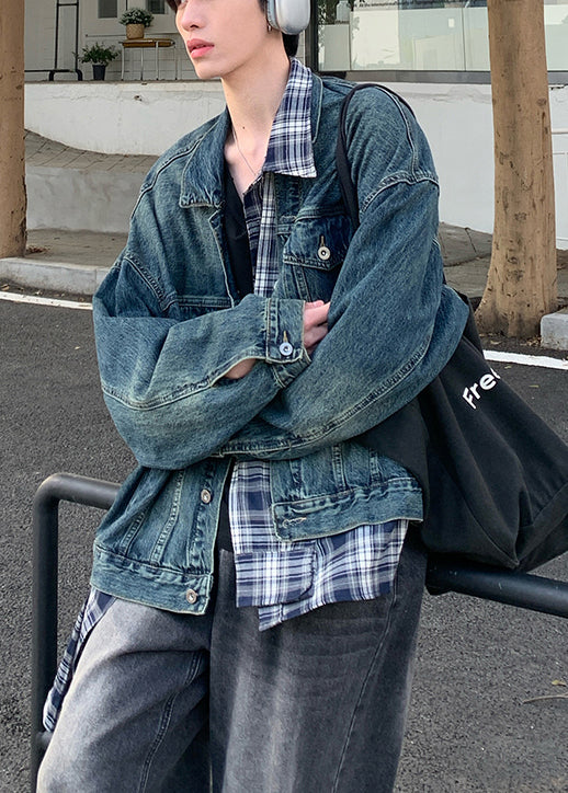 Plaid Coats Pockets Patchwork Mens Spring Blue Denim Chic