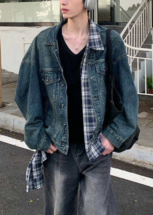 Plaid Coats Pockets Patchwork Mens Spring Blue Denim Chic