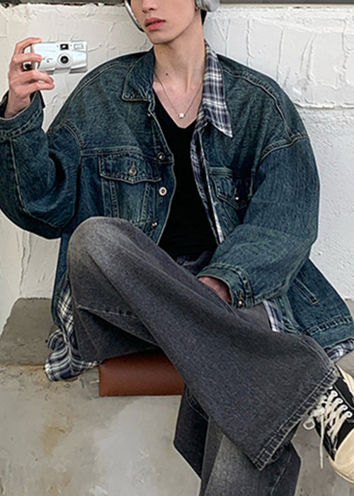 Plaid Coats Pockets Patchwork Mens Spring Blue Denim Chic