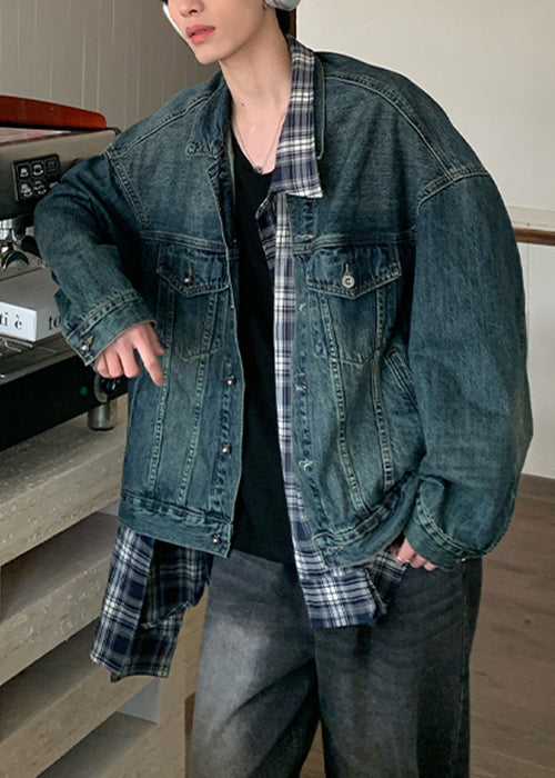 Plaid Coats Pockets Patchwork Mens Spring Blue Denim Chic