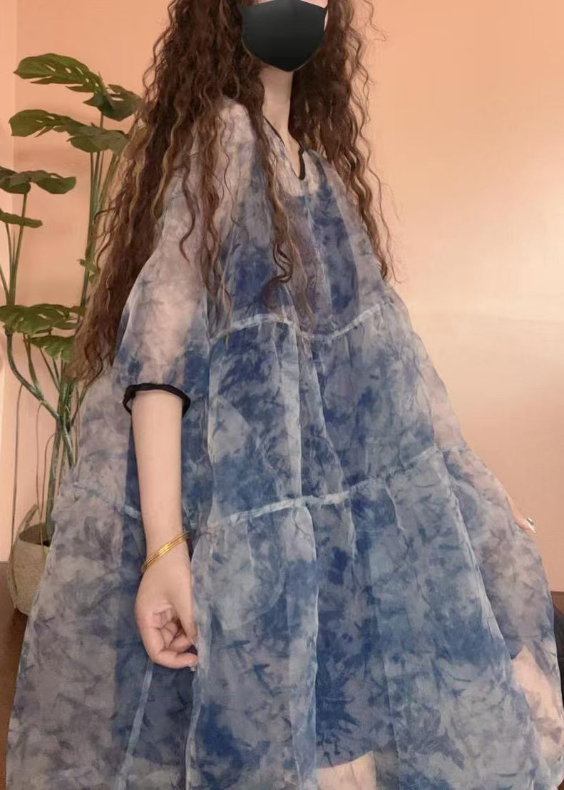 Chic Patchwork Blue Print Set Half Pieces Tulle Sleeve Two