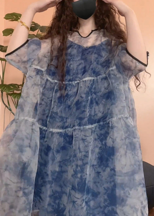 Chic Patchwork Blue Print Set Half Pieces Tulle Sleeve Two