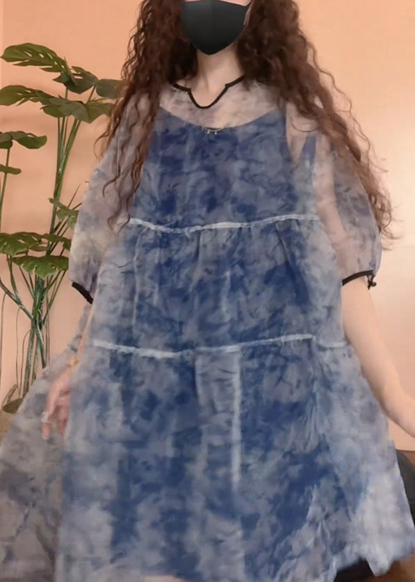 Chic Patchwork Blue Print Set Half Pieces Tulle Sleeve Two