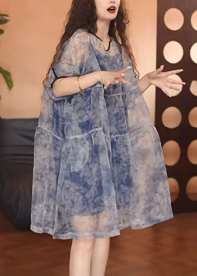 Chic Patchwork Blue Print Set Half Pieces Tulle Sleeve Two