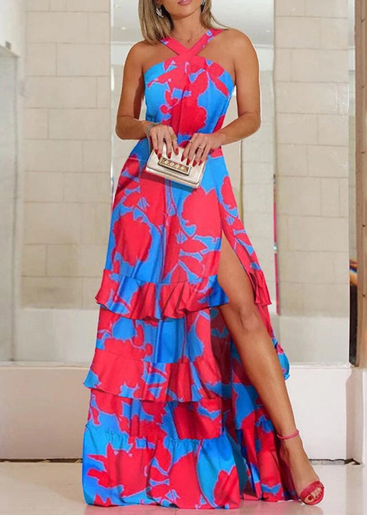 Schickes, seitlich offenes Knöchelkleid aus Baumwolle mit blauem Aufdruck, ärmellos, FF104