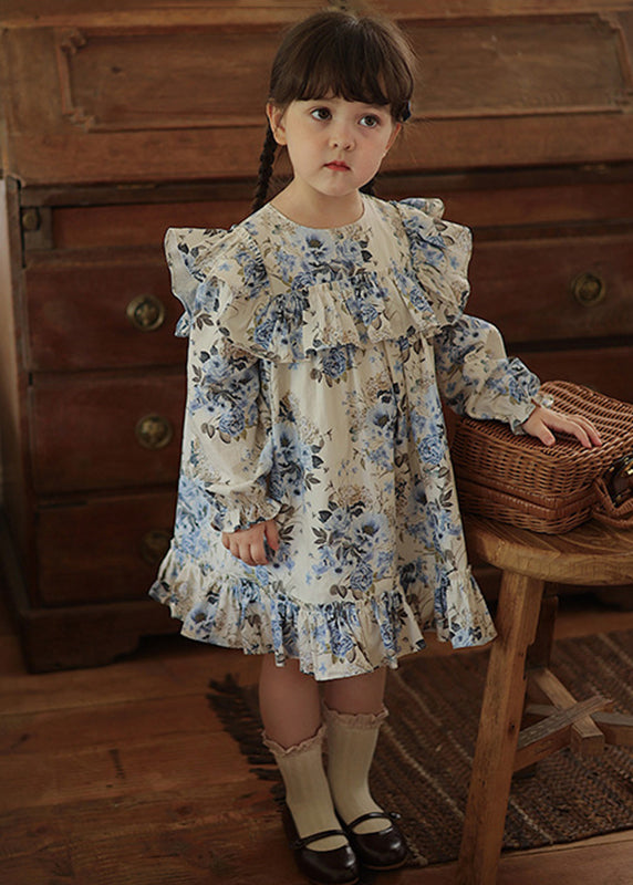 Chic Blue Ruffled Patchwork Kids Vacation Long Dresses Fall SS1045