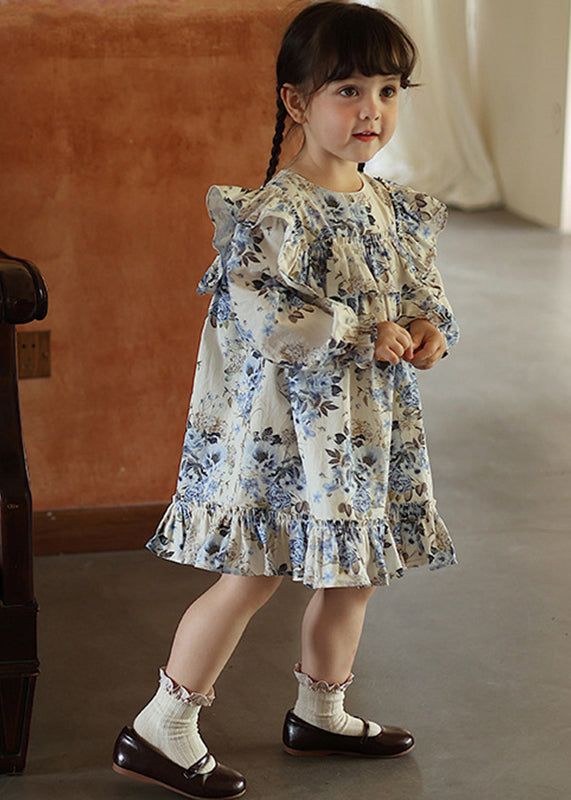 Chic Blue Ruffled Patchwork Kids Vacation Long Dresses Fall SS1045