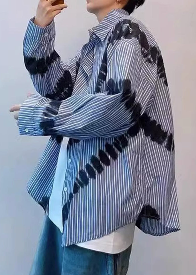 Striped Men Shirts Dye Blue Cotton Tie Chic Spring