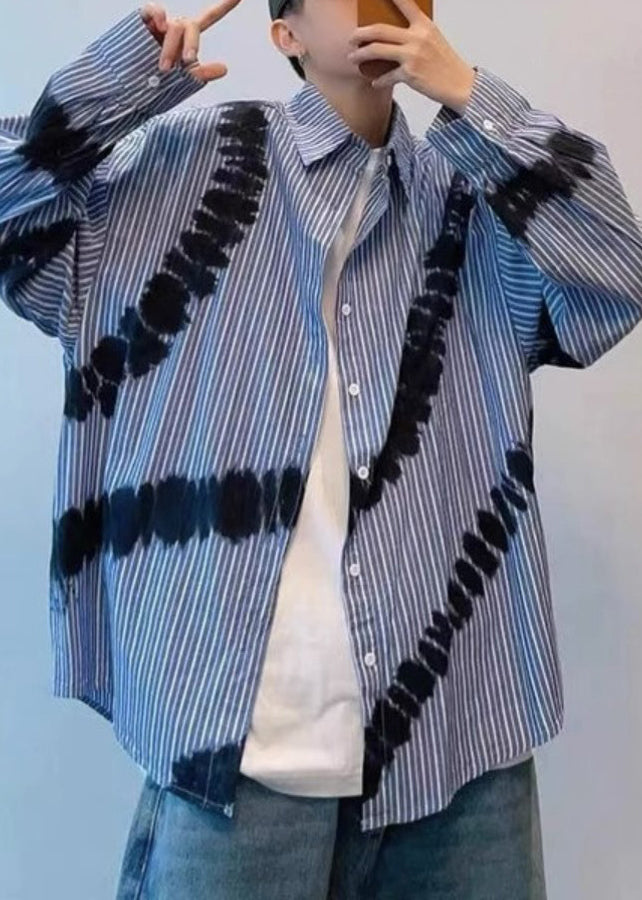 Striped Men Shirts Dye Blue Cotton Tie Chic Spring