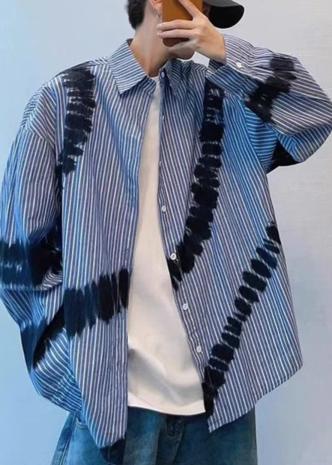 Striped Men Shirts Dye Blue Cotton Tie Chic Spring