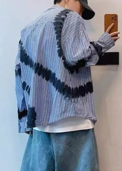 Striped Men Shirts Dye Blue Cotton Tie Chic Spring