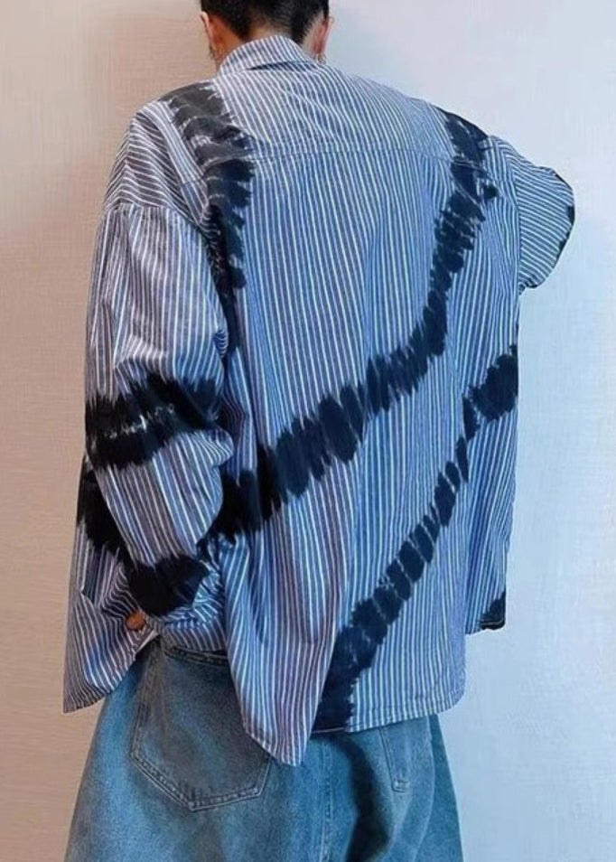 Striped Men Shirts Dye Blue Cotton Tie Chic Spring