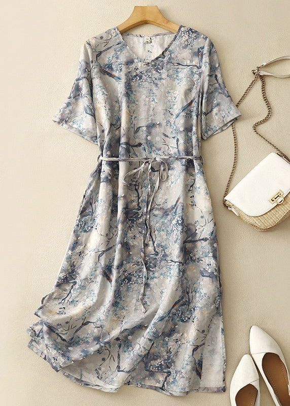 Robe d'été chic en coton bleu à col en V et imprimé GG002