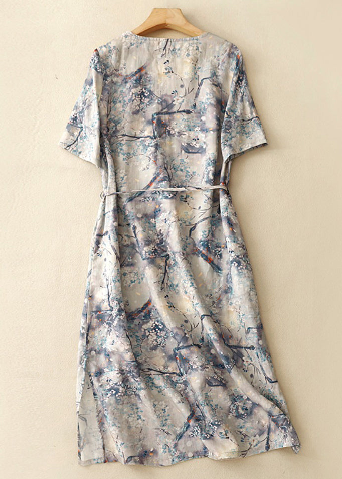 Robe d'été chic en coton bleu à col en V et imprimé GG002