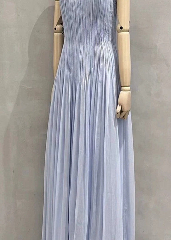 V Chic Summer Blue Cotton Spaghetti Dress Neck Strap Wrinkled