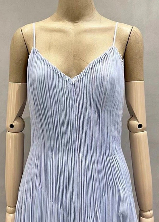V Chic Summer Blue Cotton Spaghetti Dress Neck Strap Wrinkled