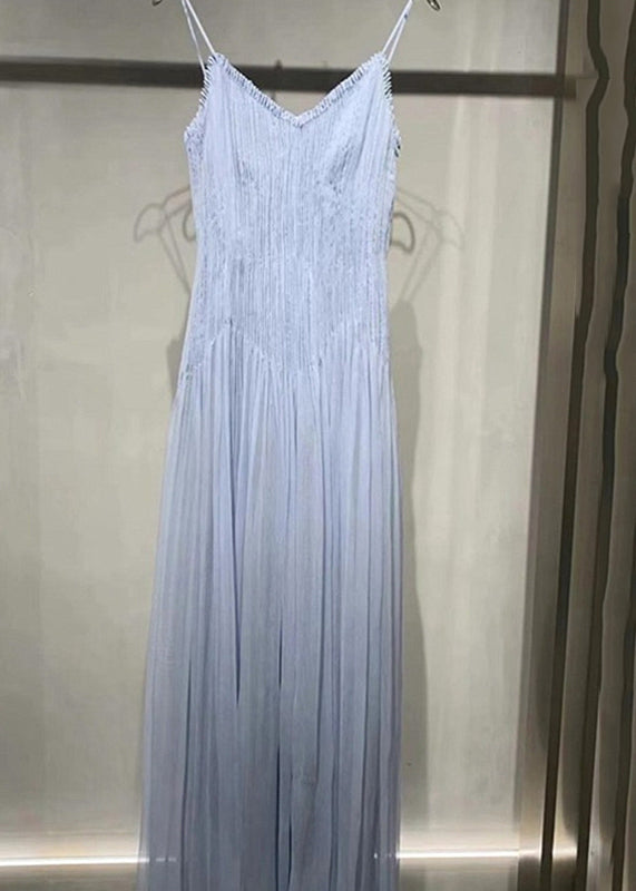 V Chic Summer Blue Cotton Spaghetti Dress Neck Strap Wrinkled