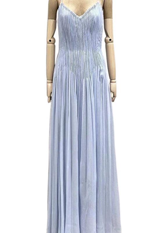V Chic Summer Blue Cotton Spaghetti Dress Neck Strap Wrinkled