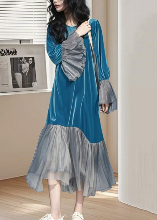 Velvet Sleeve Wrinkled Long Chic Flare Blue Patchwork Dress Silk