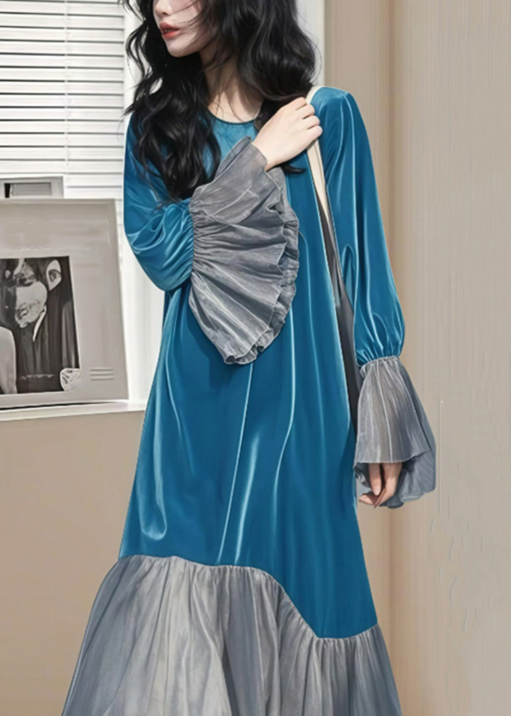 Velvet Sleeve Wrinkled Long Chic Flare Blue Patchwork Dress Silk