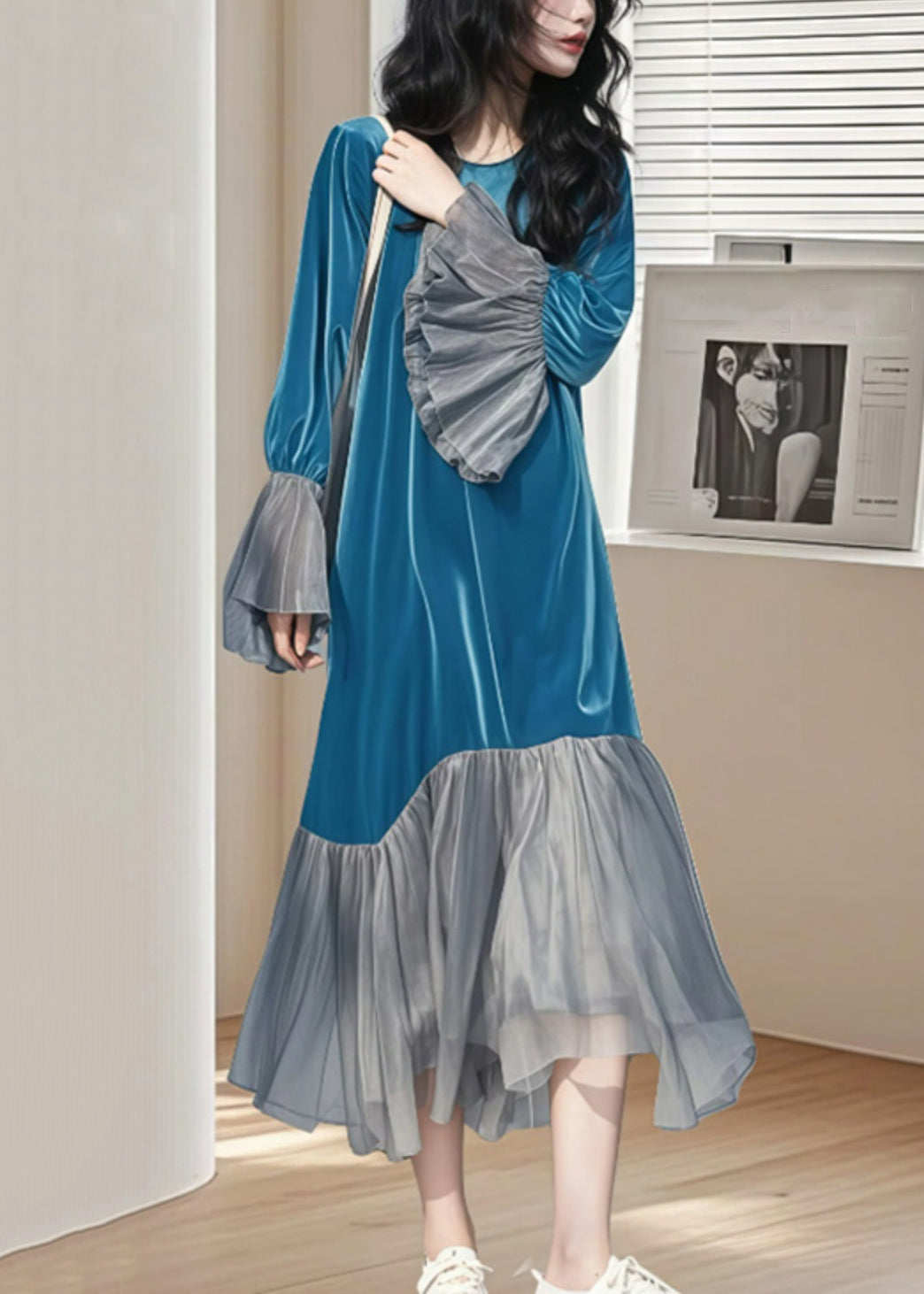 Velvet Sleeve Wrinkled Long Chic Flare Blue Patchwork Dress Silk