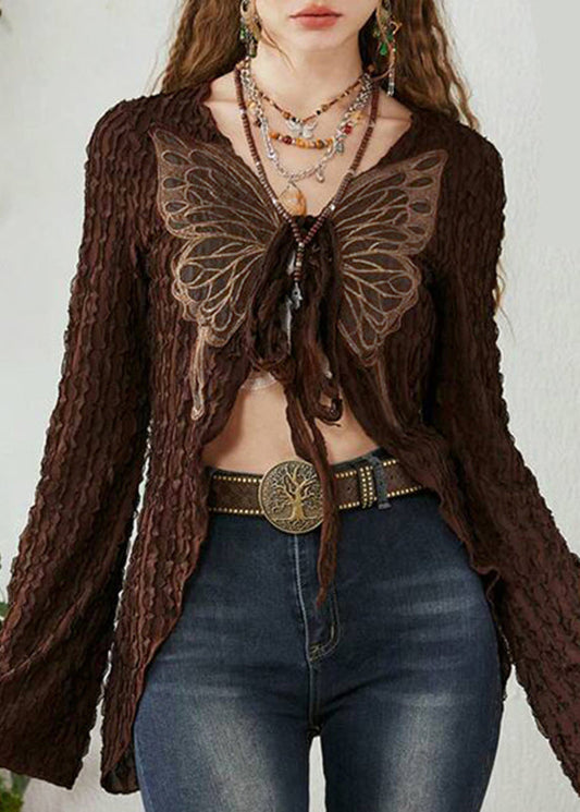 Cardigan Cotton Up Patchwork Knitting Chic Brown Lace Butterfly