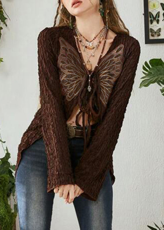 Cardigan Cotton Up Patchwork Knitting Chic Brown Lace Butterfly
