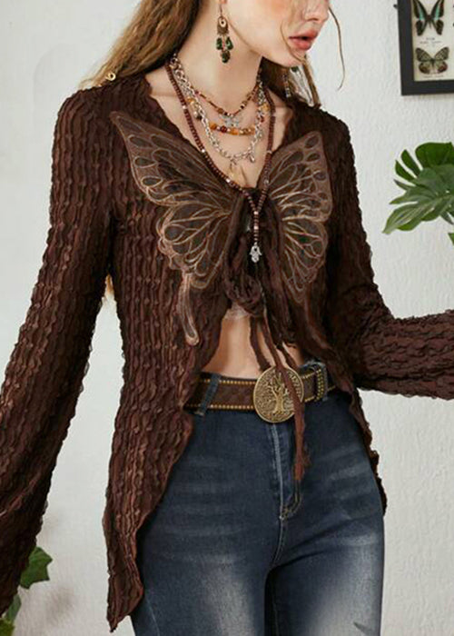 Cardigan Cotton Up Patchwork Knitting Chic Brown Lace Butterfly
